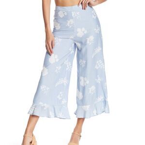 Endless Rose High Waist Floral Ruffle Trim Pants Blue White Large